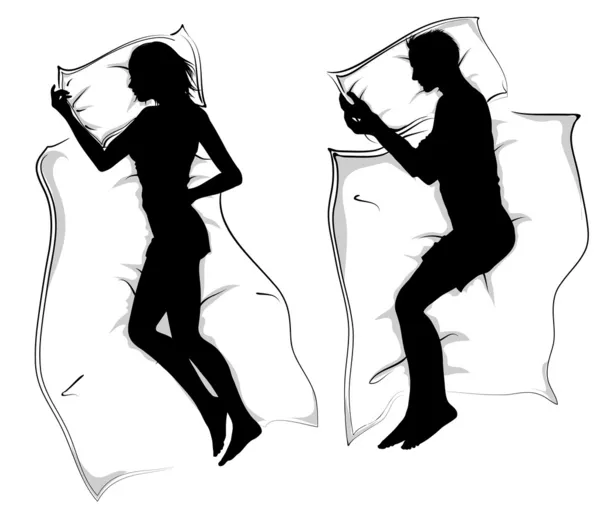Yatakta uyuyan yatan kadın ve erkek silhouettes — Stok Vektör
