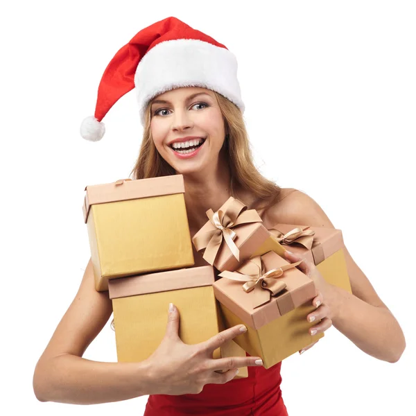 Happy Christmas woman holding gifts wearing Santa costume — Stock Photo, Image