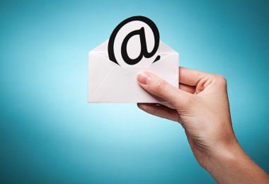 Woman's hand holding an envelope with a sign of the e-mail again clipart