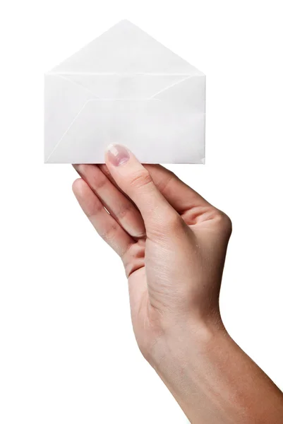 Mão da mulher segurando envelope aberto isolado — Fotografia de Stock