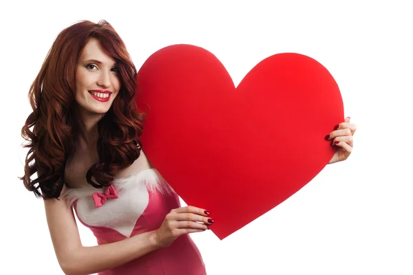 De dag van Valentijnskaarten. vrouw met de dag van Valentijnskaarten hart teken met cop — Stockfoto