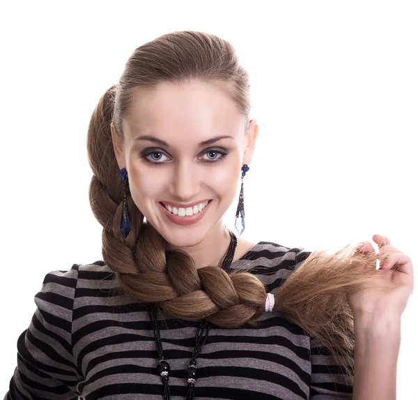 Bella donna di moda con bei capelli coprenti isolati — Foto Stock