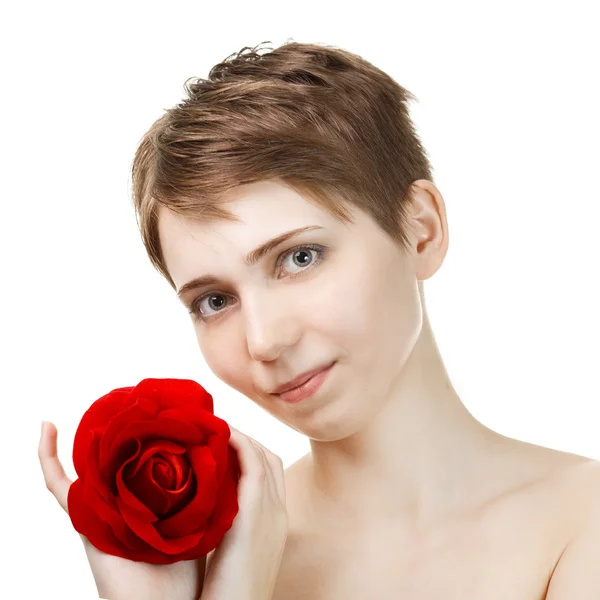 Portré, fiatal, gyönyörű nő, piros rózsa — Stock Fotó