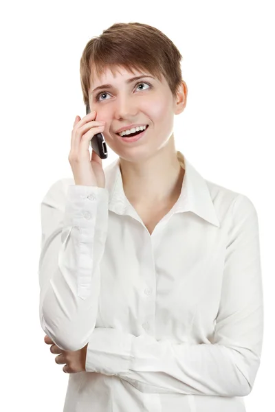 Beautiful business woman talking cell-phone isolated — Stock Photo, Image