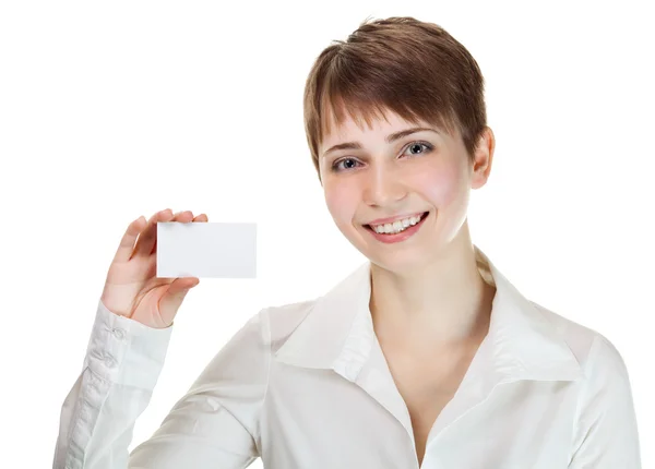 Imagen de una mujer de negocios sosteniendo su tarjeta de visita — Foto de Stock