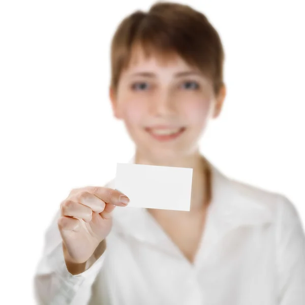 Bilden av affärskvinna håller hennes visitkort — Stockfoto