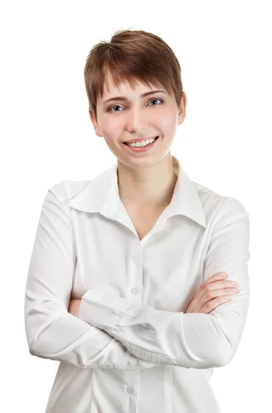 Σκέψης γυναίκα των επιχειρήσεων χαμογελώντας. είναι όμορφη νεαρού επαγγελματία — Φωτογραφία Αρχείου