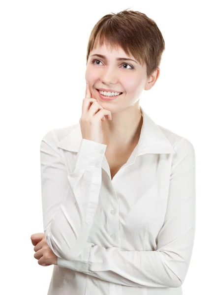 Σκέψης γυναίκα των επιχειρήσεων χαμογελώντας κοιτώντας ψηλά στο αντίγραφο του χώρου. όμορ — Φωτογραφία Αρχείου