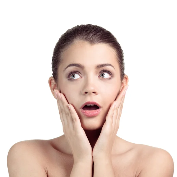 Portrait of surprised woman over white background — Stock Photo, Image