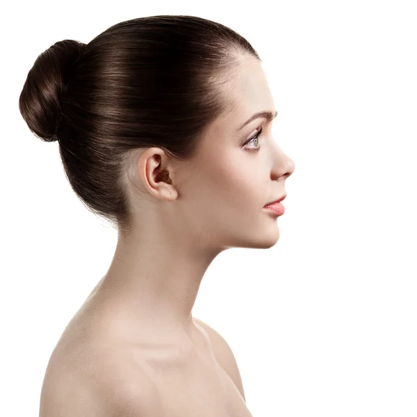 Portrait of profile charming woman with bared shoulders, on whit — Stock Photo, Image