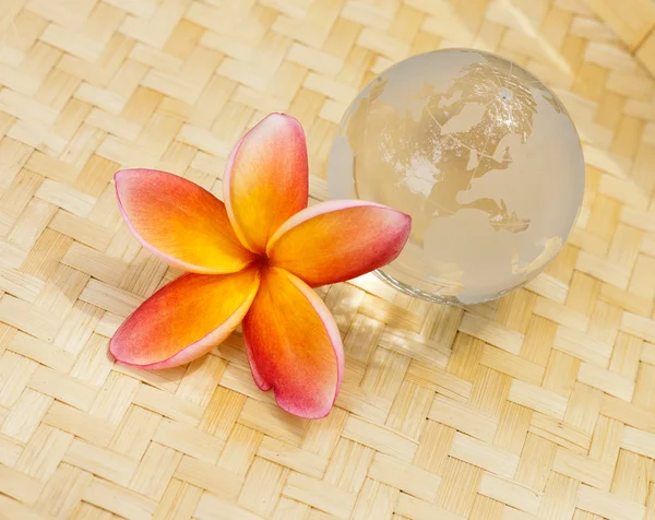 Yellow plumeria and crystal globe — Stock Photo, Image