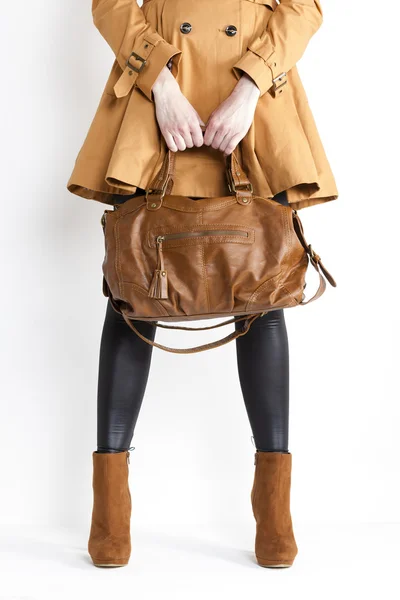 Detail of standing woman wearing coat and fashionable brown shoe — Stock Photo, Image