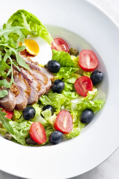 Vegetable salad with fried duck breast slices and egg — Stock Photo, Image