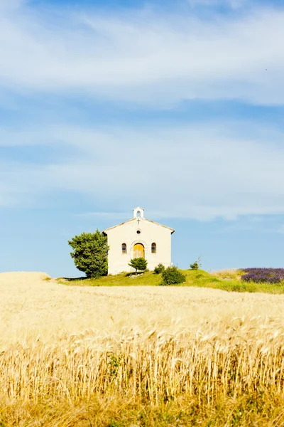 教堂与粮田、 高原 de valensole、 普罗旺斯、 法国 — 图库照片