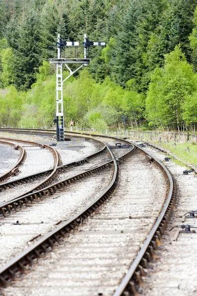 Tracks and mechanical marker, North Yorkshire Moors Railway (NYM — Stock Photo, Image