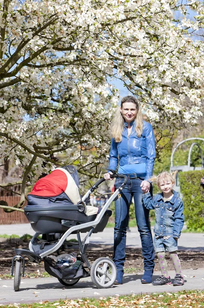 Mother and her daughter with a pram on spring walk — Stock Photo, Image