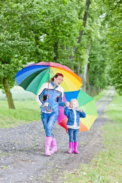 Mamma och hennes dotter med paraplyer i vårgränden — Stockfoto
