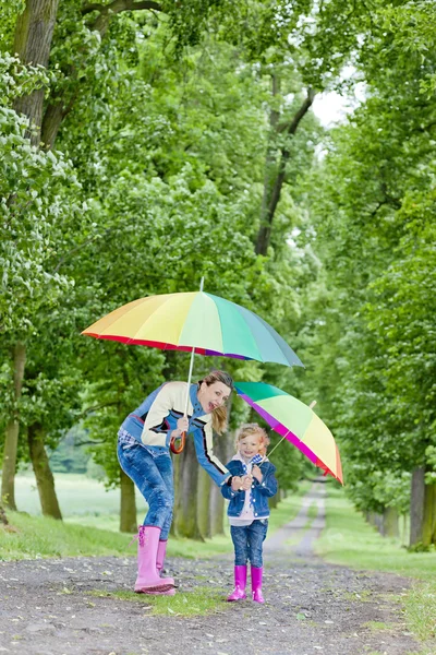 Mother and her daughter with umbrellas in spring alley — Stock Photo, Image
