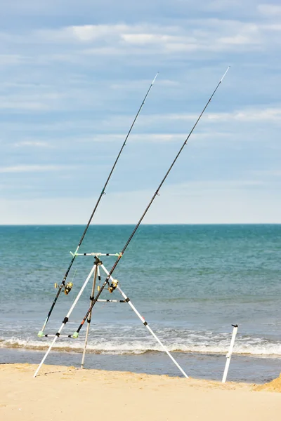 stock image Fishing rods on the beach in Narbonne Plage, Languedoc-Roussillo