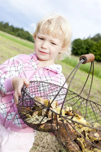 Porträtt av liten flicka med korg med svamp — Stockfoto