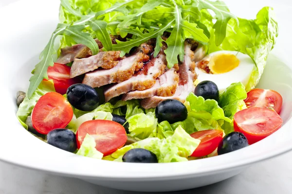Vegetable salad with fried duck breast slices and egg — Stock Photo, Image