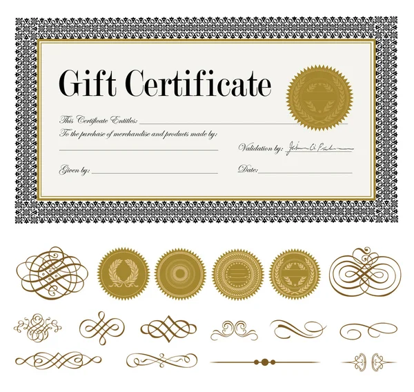 Certificado de regalo adornado vectorial y adornos — Vector de stock