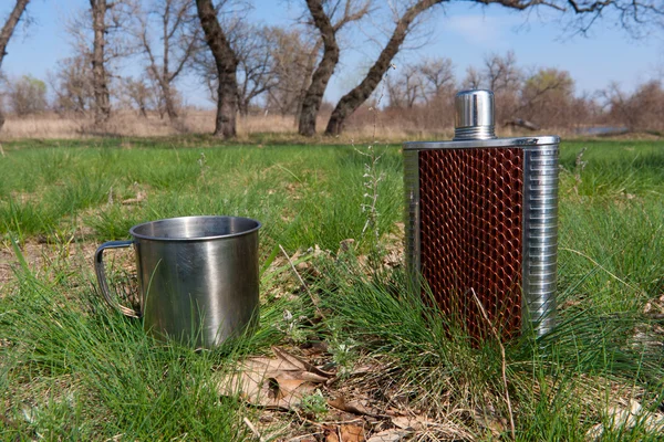 Stainless hip flask and cup — Stock Photo, Image