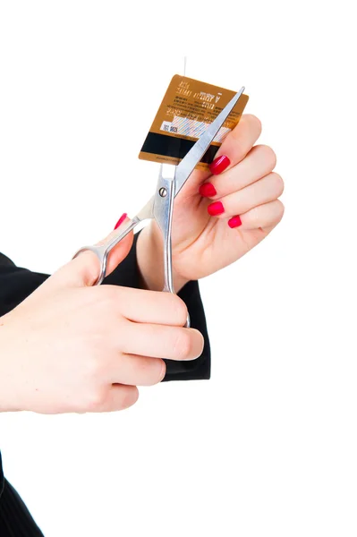 Hände bereit, eine Kreditkarte zu scheren — Stockfoto