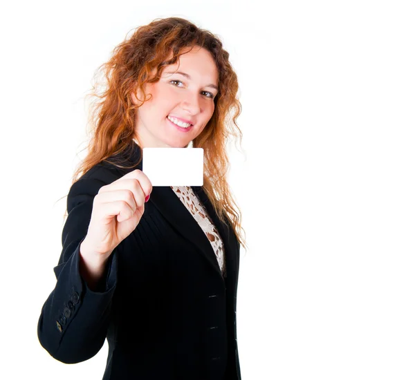 Üzleti nő kezében egy üres kártya — Stock Fotó