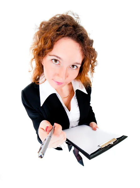 Businesswoman holds out a pen — Stock Photo, Image