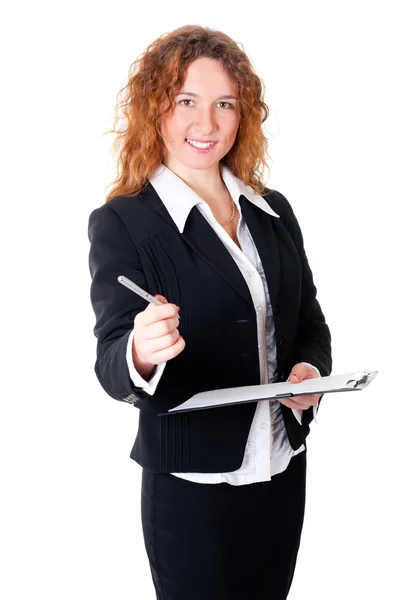 Businesswoman holds out a pen — Stock Photo, Image