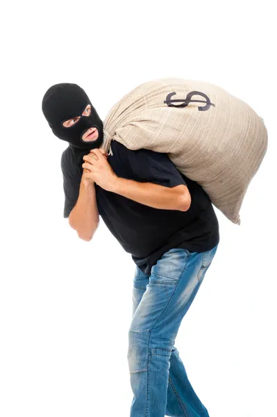 Ladrão feliz com saco cheio de dólares — Fotografia de Stock
