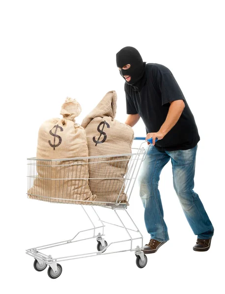 Ladrão feliz com saco cheio de dólares — Fotografia de Stock