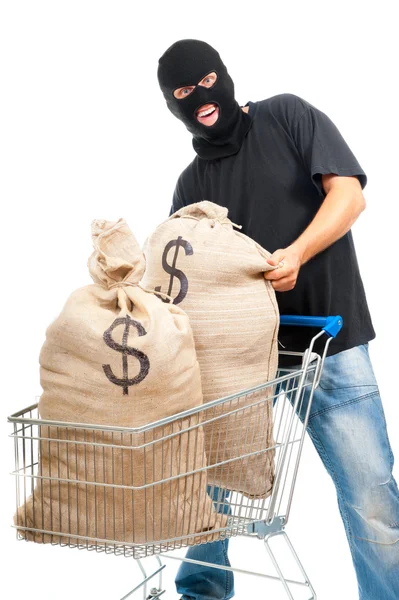 Happy robber with sack full of dollars — Stock Photo, Image