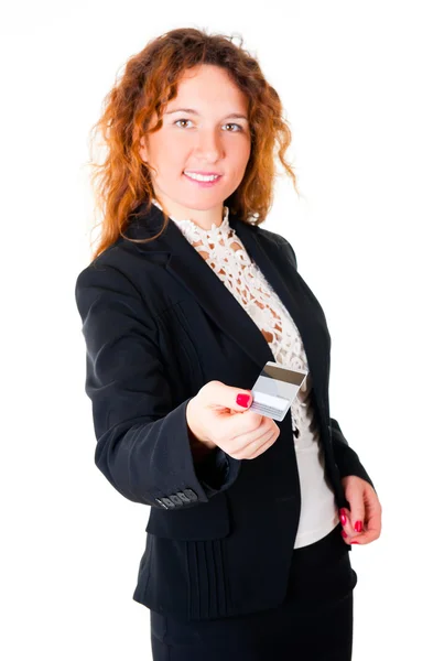 Business woman holds out her credit card — Stock Photo, Image