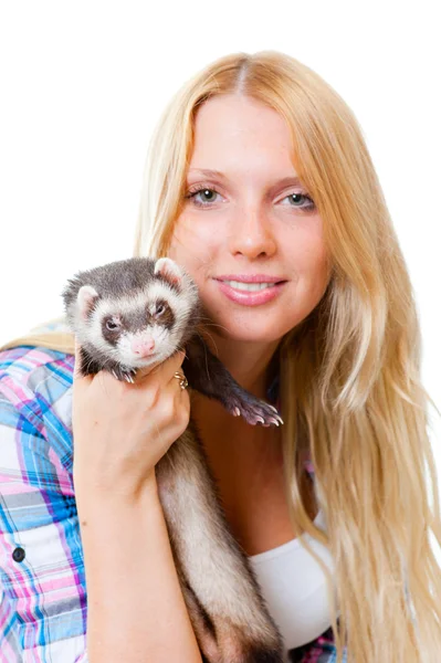 Girl kissing a ferret — Stock Photo, Image