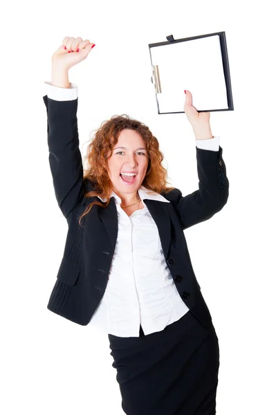 Aufgeregte Geschäftsfrau genießt ein erfolgreiches Geschäft — Stockfoto