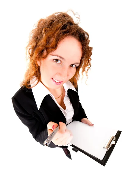 Businesswoman holds out a pen — Stock Photo, Image