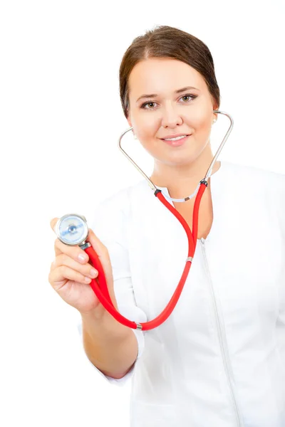 Young female doctor listens — Stock Photo, Image
