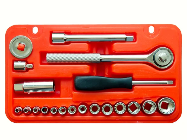 Zestaw narzędzi o różnych narzędzi metalowych w czerwonym polu — Zdjęcie stockowe