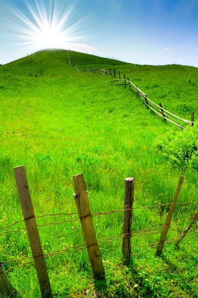 Wiejski wzgórze zielony i słońce nad nim — Zdjęcie stockowe