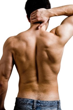 Muscular man with back neck ache clipart