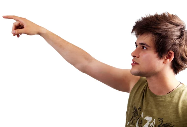 Gösterilen veya izole üzerinde beyaz işaret eden genç adam — Stok fotoğraf