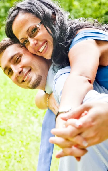 Happy joyful couple having fun outdoor — Stock Photo, Image