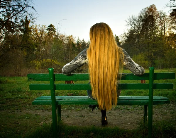 Schienale di donna seduta da sola sulla panchina del parco — Foto Stock