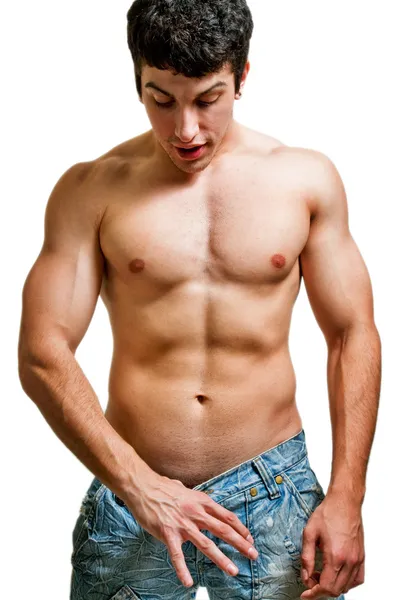 Potency and penis size concept - man looking in his pants — Stockfoto