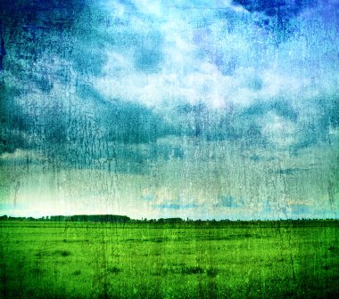 Grungy nature backdrop - grass and cloudy sky clipart