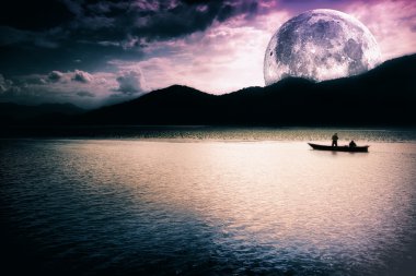 Fantasy landscape - moon, lake and boat clipart