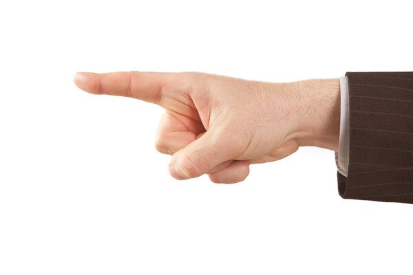 Pointing finger of isolated businessman hand over white