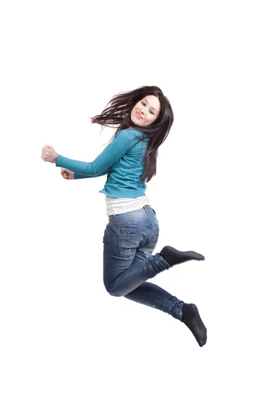 Salto de feliz alegre jovem mulher — Fotografia de Stock